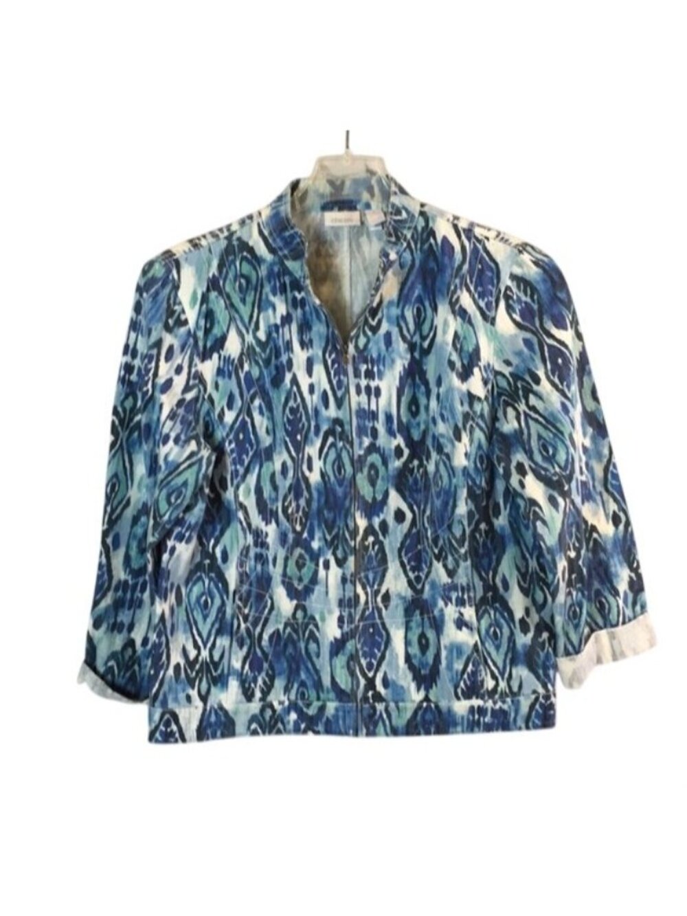 Chicos 2 Blue Ikat Print Zip Jacket Lightweight 3/4 Sleeve Large